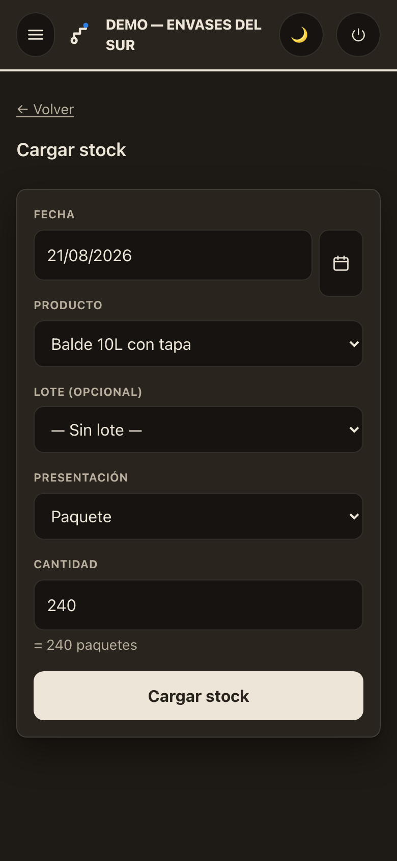 Pantalla de carga de producción en el celular de Trazo App.