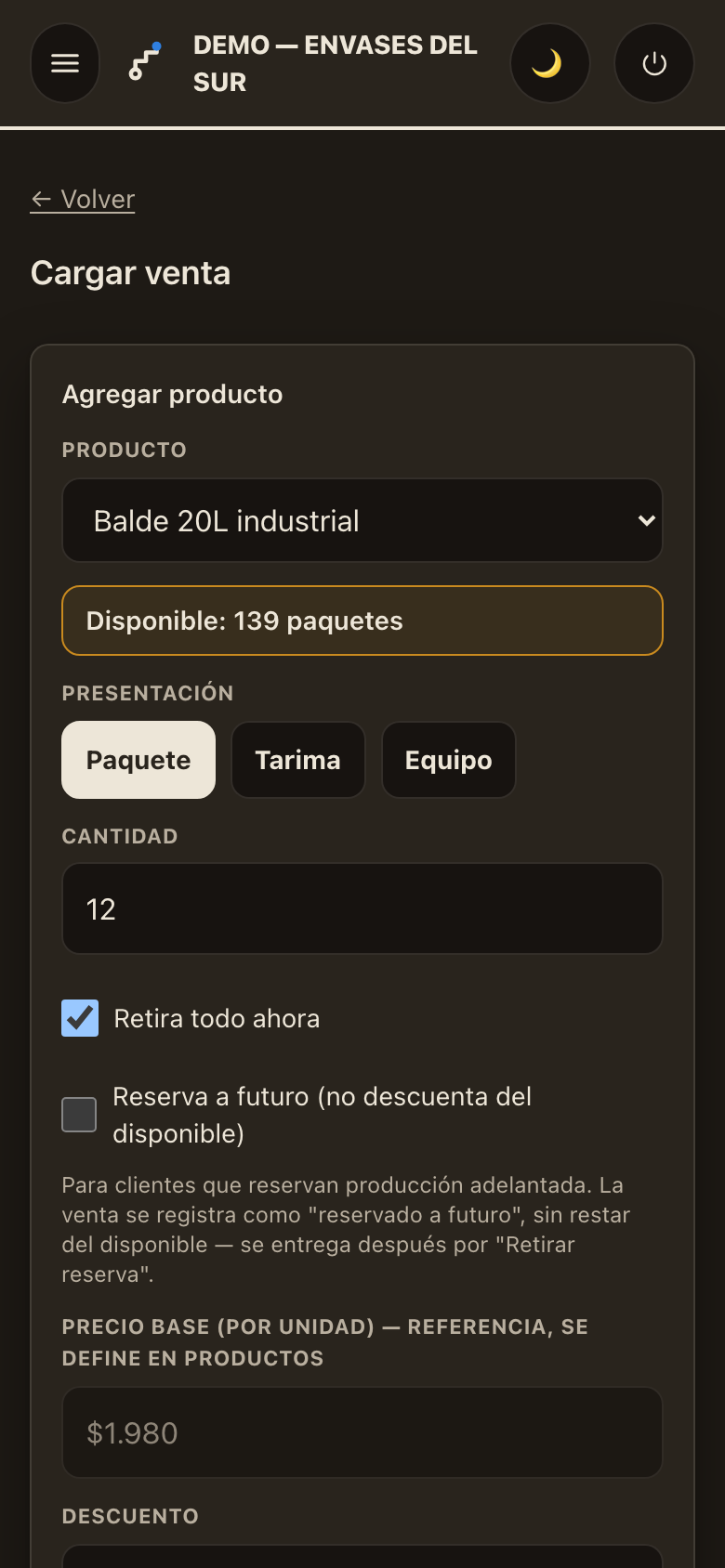 Carga de una venta desde el celular en Trazo App, con producto, presentación y cantidad.
